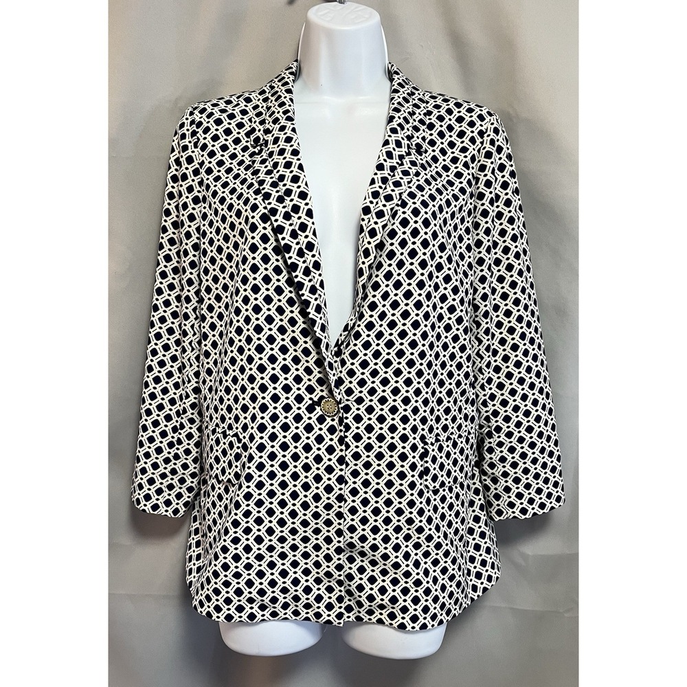 Anthropologie CARTONNIER Size Medium Blue & White Satin Diamond Print Blazer